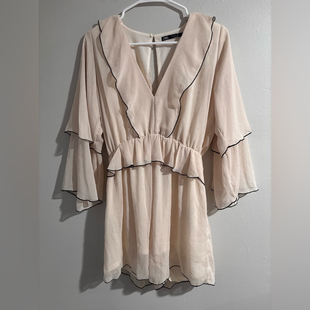 Zara Cream V-Neck Ruffle Romper with Black Trim